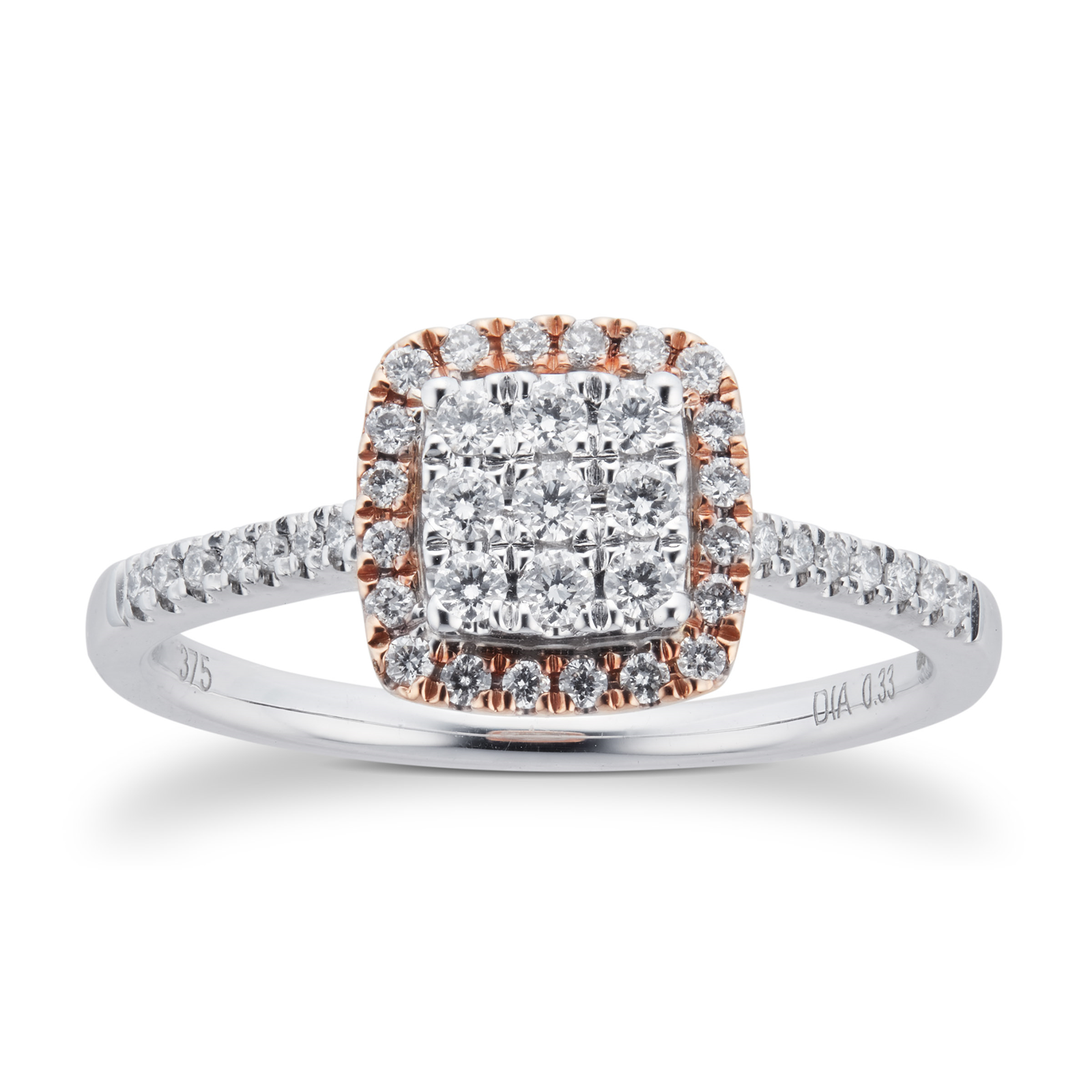 9ct Rose And White Gold Multi Stone Halo Cushion Cut Ring Rings