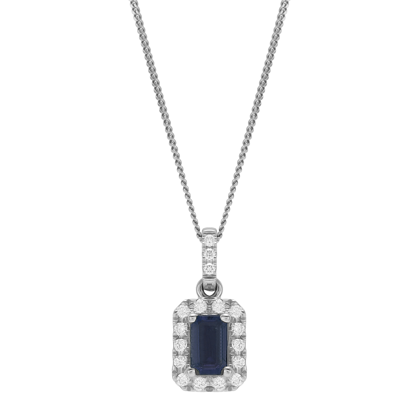 9ct White Gold Sapphire Emerald Cut Halo Pendant | Necklaces ...