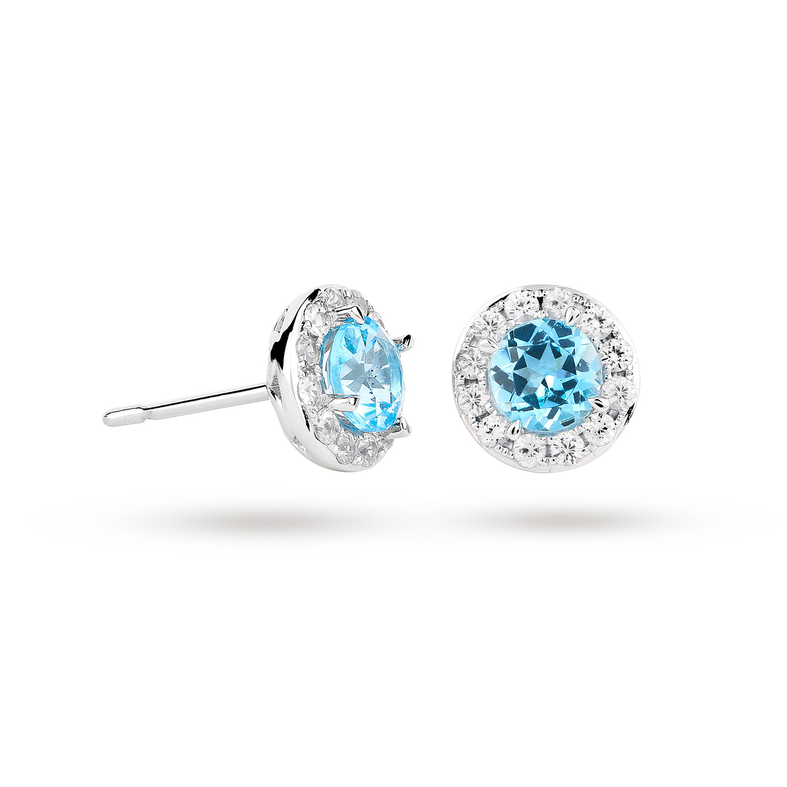 9ct White Gold Blue Topaz And Diamond Halo Stud Earrings 9ct White Gold Blue Topaz And Diamond Halo Stud Earrings