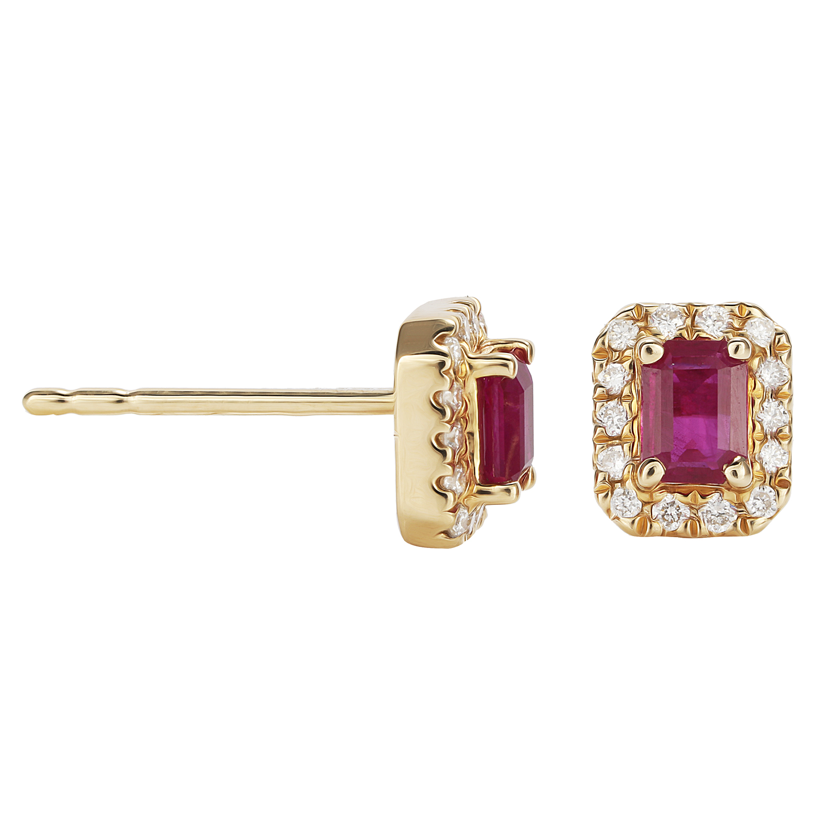 9ct Yellow Gold Ruby & Diamond Emerald Cut Halo Studs | Earrings