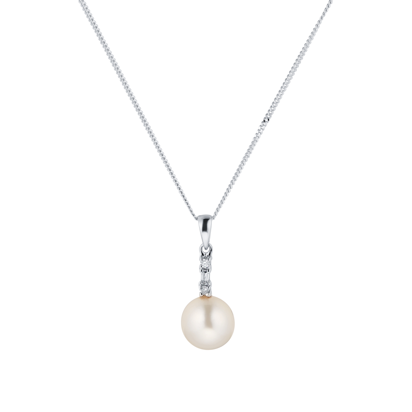 9ct White Gold Pearl Diamond Baguette Pendant | Necklaces | Jewellery ...