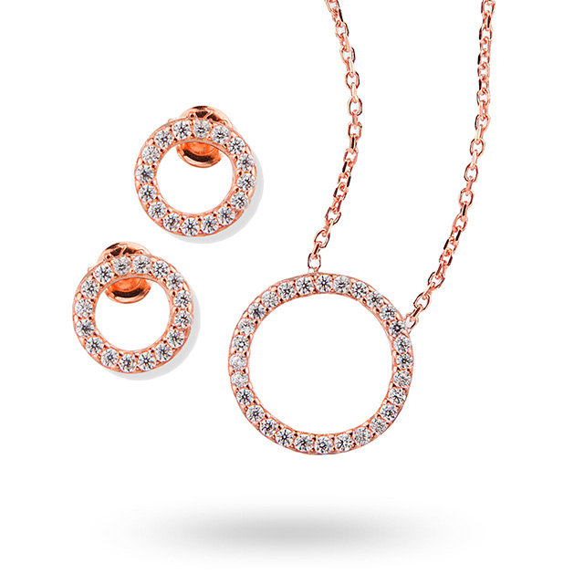 Rose Gold Plated Cubic Zirconia Open Circle Necklace And Earring Set Rose Gold Plated Cubic Zirconia Open Circle Necklace And Earring Set