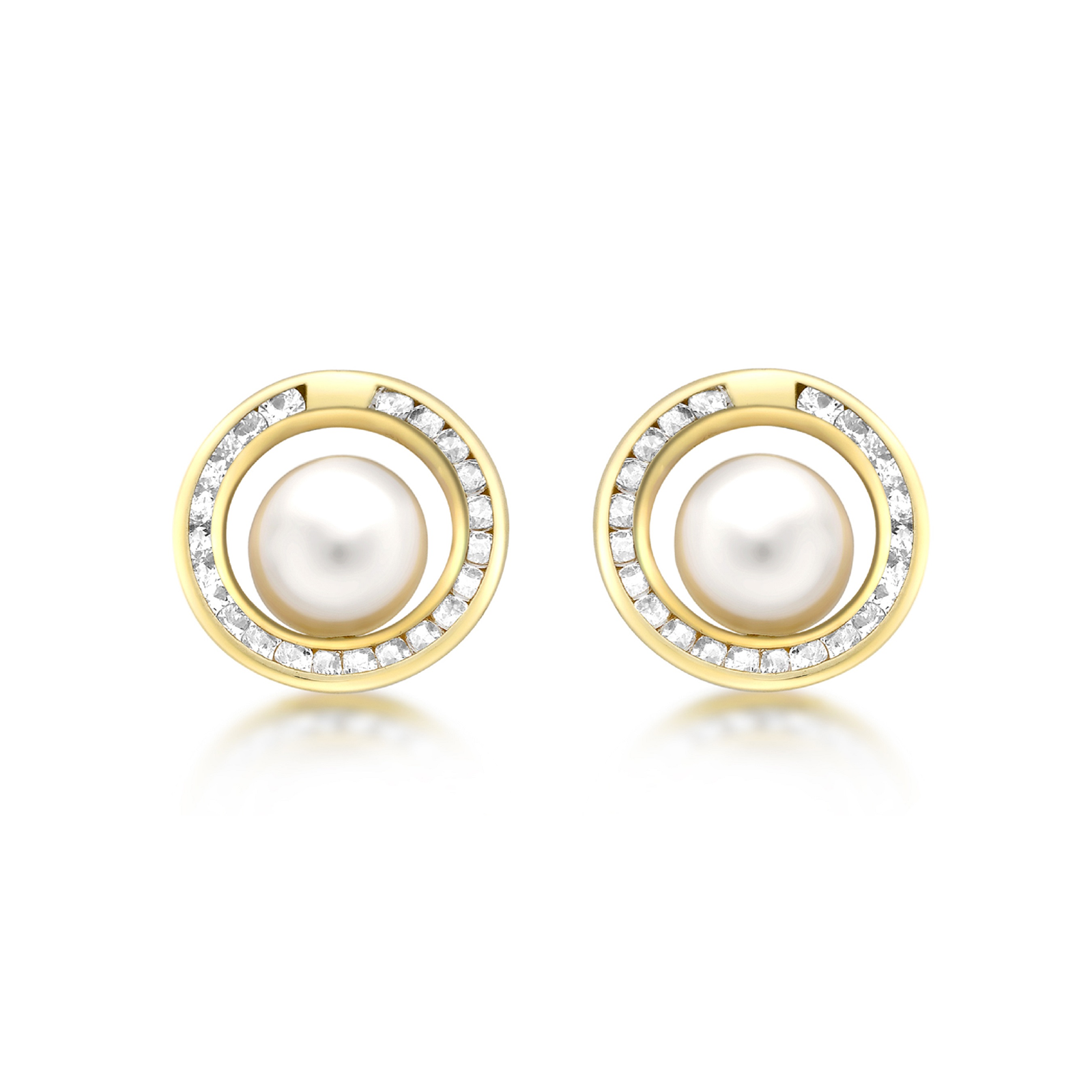 9ct Yellow Gold Fresh Water Pearl Cubic Zirconia Circle Stud Earrings