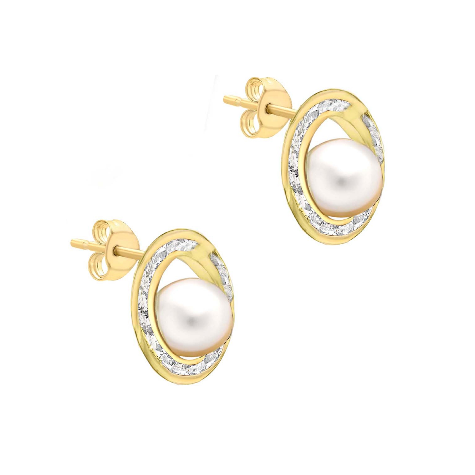 9ct Yellow Gold Fresh Water Pearl Cubic Zirconia Circle Stud Earrings ...